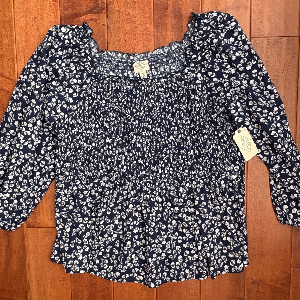St. John's Bay Smocked-Bodice Floral Blouse Size‎ XL Navy/White